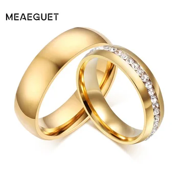 Meaeguet Zlatá farba Nehrdzavejúcej Ocele Svadobné Kapely Lesklé Crystal Krúžok pre Ţeny Muţi Šperky 6 mm Zásnubný Prsteň USA Veľkosť 5-13