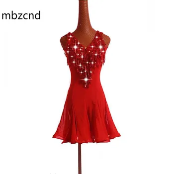 Svieti Červená Sexy Latinské Tanečné Šaty Žien Súťaže Kostýmy Odborných Vlastný Salsa Úsek Čistý Flitrami Strapce Sukne