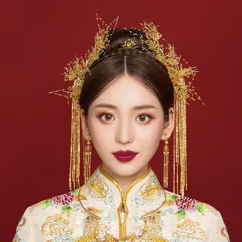 18 Farby Čínske Červené Kvetované Sponky Do Vlasov Vintage Dávnych Svadobné Zlato Headdress S Náušnice Ženy, Svadobné Šperky, Vlasové Doplnky