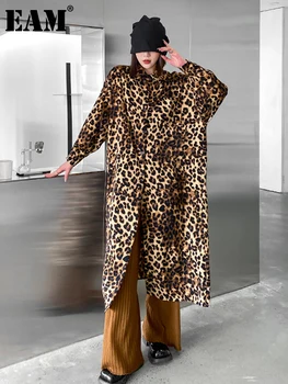 [EAM] Ženy Leopard Vytlačené Veľkými rozmermi, Dlhá Blúzka Nové Klope Dlhý Rukáv Voľné Nosenie Tričko Fashion Príliv Jar Jeseň roku 2023 1DF1839