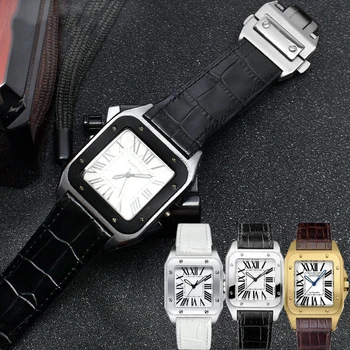 Príslušenstvo hodinky Pre Cartier Santos100 Sledovať 20 mm 23 mm Muži Ženy Vysoko Kvalitnej hovädzej kože Popruh Skladacie Pracka, Kožené Watchband