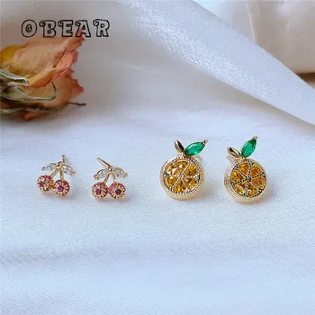 OBEAR 14K Reálne Pozlátené kórejský Tvorivé Cherry Orange Zirkón Stud Náušnice Ženy Nádherné Malé Čerstvé Denne Šperky