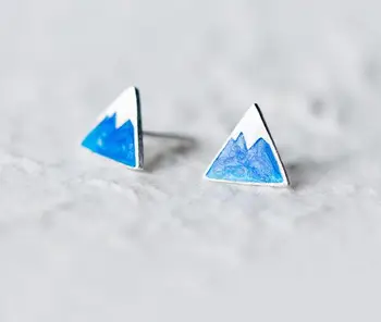 100% REÁLNE. 925 Sterling SIlver Jemné Šperky Modré Smalt ľadovec /Ice Horských Trojuholník Geometrické Stud Náušnice c-E8622