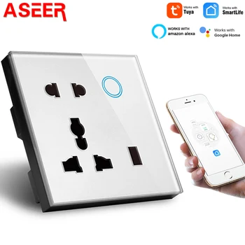 ASEER UK WIFI Zásuvka 5 pin Univerzálny WIFI sieťovej zásuvky s USB Portu 13A, Crystal tvrdeného Skla Zásuvka,kompatibilné google,alexa