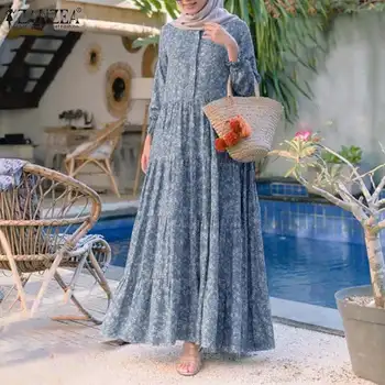 2022 Jeseň ZANZEA Retro Kvetinový Tlač Moslimské Oblečenie Dámske Módne Rayon Dlho Vestidos Príležitostné Voľné Prehrabať Šaty Nadrozmerné 