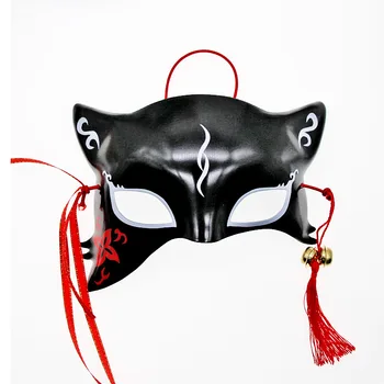 Fox Masky Anime Cosplay Japonský Kabuki Kitsune Masky S Zvony Strapec Mačka Masky Halloween Maškaráda Fáze Show Party Rekvizity
