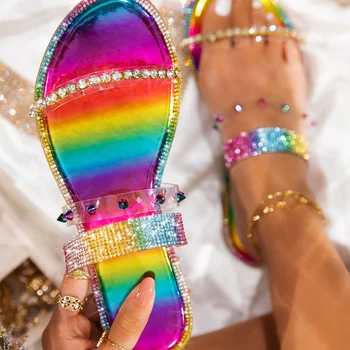 Ženy Rainbow Papuče Žena Krištáľovo Priehľadné Sklíčka Dámy Nit Bytov 2021 Lete Bežné Zmiešané Farby Pláže Topánky Veľká Veľkosť