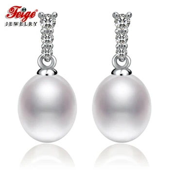Klasický Dizajn 925 Sterling Silver Zirkón Bielej Elipsy Sladkovodné Perly Stud Náušnice pre Ženy Pearl Šperky, Darčeky FEIGE