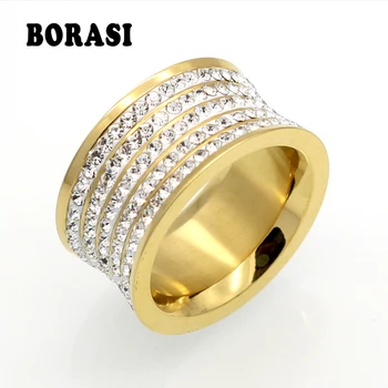 5 Riadok Značka Crystal Šperky Fashoin Ženy Muži Unisex Luxusné 11 mm Široký Krúžky Veľkoobchod Zlatá Farba Nehrdzavejúcej Ocele Snubné Prstene