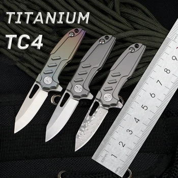 Mini TC4 Titánu Rukoväť Keychain Skladací Vreckový Nôž D2 Damasku Ocele Čepeľ Outdoor Camping Prežitie Nože výchovy k DEMOKRATICKÉMU občianstvu Nástroj Darček