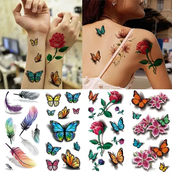 Pierko Motýľ Dočasné Tetovanie Nálepka pre ženské Telo Ochranu Tetovanie 3D Ruže Kvet Anime Falošné Nálepky Nepremokavé