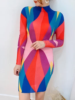 Delocah Vysokej Kvality Jar Ženy Móda Dráhy Dizajnér Mini Šaty S Dlhým Rukávom Multicolor Panel Tlač Elegantné Skladaný Šaty