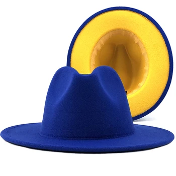 Unisex modrý Vonkajší Vnútorné žltej Vlny Cítil Jazz Fedora Klobúky s Tenkými Opasku Muži Ženy Široký Okraj Panama plstený klobúk Spp L XL