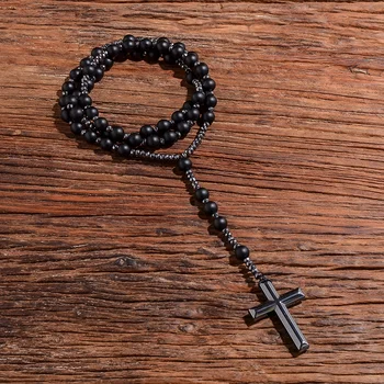 Matte Black Onyx Korálkové Katolícky Kresťan Ruženec Náhrdelník Prívesok Kríž Mužov a Žien Meditácie Malá Šperky