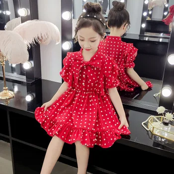 šifón červená zelená biela dievča šaty letné dospievajúce dievčatá šaty letné 2019 elegantné letné šaty dievča 10 rok dot roztomilý