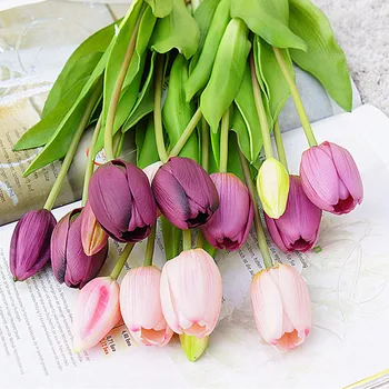 5 ks/banda Skutočný dotyk, mäkké silikónové Umelé tulipány Kvetinový pre domáce svadobné dekorácie Falošné svadobné strane kvety flores tulipán
