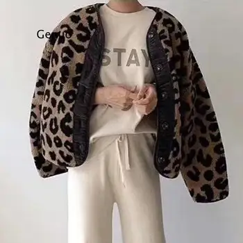 Jahňacie Kožušiny Kabát Pre Ženy V Krku Dlhý Rukáv Leopard Hit Farba Vintage Voľné Krátke Kabáty Žena Zimné Jeseň Oblečenie