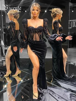 VC Black Velvet Sexy Šaty Pre Ženy Klubu Strany Flitrami Korálky Dizajn Dlhé Šaty Chudá Módne 2022