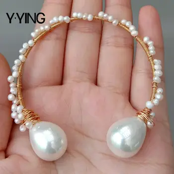Y·YING prírodná Biela Sladkovodné Perly sea shell perly Ručné Zlatá farba Á nastaviteľné Náramok Náramok klasické výročie