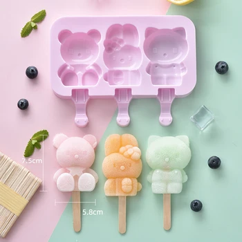 Kawaii Cartoon KT Tvar Silikónové Ice Cream Formy s krytom, Ľad, Zásobník Popsicle Domáce HOBBY Nástroj s palicami DIY Pečenie Nástroje