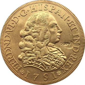 Portugalsko 1751 8 Escudos Ferdinand VI mince kópiu 37mm