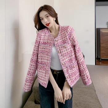 Nové Malé Voňavé Ružové Tweed Kabát Elegantný Módy Na Jeseň Zima Ženy Singel Svojim Koberčeky Väzbe Poackets Vlnené Vrchné Oblečenie Bunda