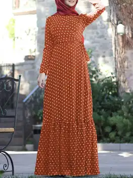 ZANZEA Ženy Plné Rukávy Príležitostné Voľné Moslimských Islamskej Šaty Kaftan Šaty Šaty Vintage Polka Dot Vytlačené Abaya Hidžáb Sundress
