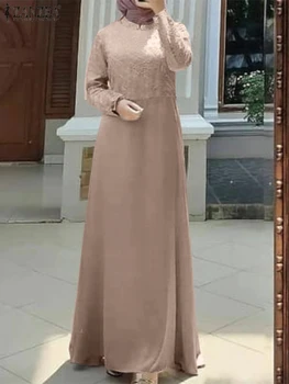 Móda Moslimských Čipky Šaty Žien Sundress ZANZEA Bežné Dlhý Rukáv Maxi Vestidos Žena Islamské Oblečenie Marocain turecký Župan