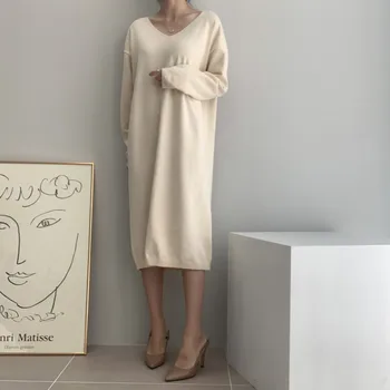 Jeseň Sveter Šaty Ženy Šaty Pevné, Teplé Pletené Hrubé Zimné Oblečenie Vintage Žena 2022 Nové Elegantné Kórejský Vestido Midi