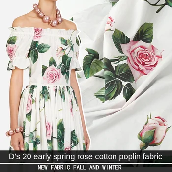 Kvalitné Potlačené Bavlnené Nové Digitálne Rose Imitácia Hodvábu Úsek Satin Šiť Tkaniny Tkaniny Pre Šaty, Tričko, Čierna a Biela