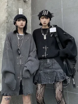 QWEEK Gotický Harajuku Zrastov nadrozmerné Svetre Ženy Pulóvre Zips kórejský Streetwear Módy Goth Punk Pletené Top 2022 Jeseň