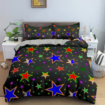 3D Star Kráľ, Kráľovná Perinu Farebné Lesklé Päť-špicaté Hviezdy posteľná bielizeň Nastaviť pre Dospievajúce Dievčatá Čierna 2/3ks Polyester Deka Kryt