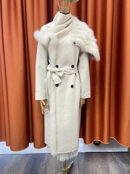 2022 Špeciálny Dizajn Ženy Jeseň Reálne Fox Kožušiny Dekorácie Voľné Vlnené Kabát Žena Vlnené Vrchné Oblečenie Bunda Dlho Vlnené Sako