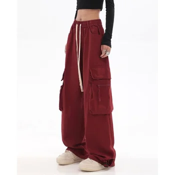 Vintage Červená Širokú Nohu, Nohavice Ženy Neforemné Cargo Vysoký Pás Bežné Hip Hop Streetwear Nohavice Kórejský Módne Y2k Estetické