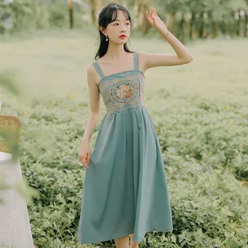 Vintage Výšivky Podväzkové Sukne Ženy 2021 Lete Čínskom Štýle Retro Sladké Roztomilý Šaty Lepšiu Hanfu Jemné Víla Šaty