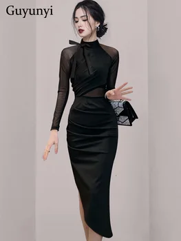 Čierne Elegantné Party Šaty 2022 Jar Vysokej Krku, Čela Ozdobené Sexy, Priehľadnej Sieťoviny Rukávy Vysoký Pás Pevne Asymetrické Šaty