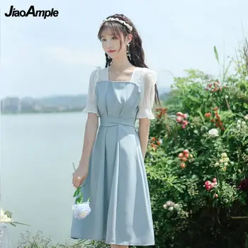 2022 v Lete Žien Sladké Midi Šaty kórejský Lady Elegantné Modré Patchwork Prehrabať Obväz Opasok Šaty Módne Joker Oblečenie