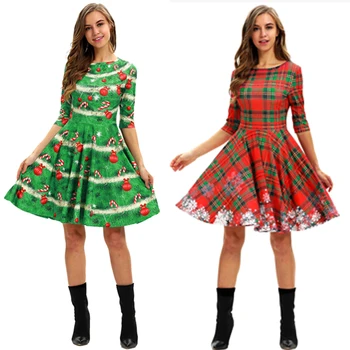 Vianočné Oblečenie Šaty Žien O Krk Tlač Party Šaty Slim Mid-Rukáv Šaty Žena Hot Predaj Zimných Vianočné Šaty