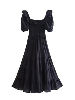 YENKYE 2022 Módne Ženy Čipky Čalúnenie Čierne Šaty Elegantné Námestie Krku Lístkového Rukáv Žena Vintage Šaty Midi Vestido