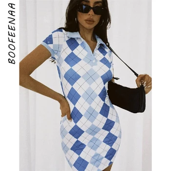 BOOFEENAA Modré Kockované Krátky Rukáv Bodycon Šaty Letné Oblečenie pre Ženy 2021 Argyle Y2k Vintage Sexy Mini Šaty C82-CC21