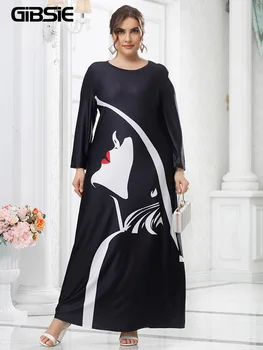 GIBSIE Plus Veľkosť Grafické Tlače O-Krku Elegantné Šaty 2022 Ženy Jar Jeseň Bežné Dlhý Rukáv Maxi Šaty 3XL 4XL 5XL Oblečenie