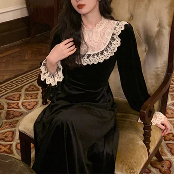 Elegantné Velvet Vintage Šaty Žien Čipky Patchwork Kórejskej Strany Gotické Šaty Žena Black Bežné Večer Viktoriánskej Svadobné Šaty