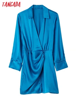 Tangada Módne Ženy Blue Satin Skladaný Šaty s Dlhým Rukávom Dámske Ročník Mini Šaty Vestidos 3H552