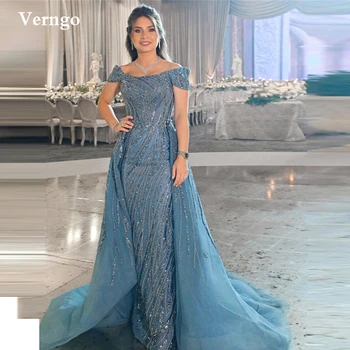 Verngo Prašnom Modrá Sequin Čipky Dlhé Večerné Šaty S Odnímateľnou Vlak Ramena Dubaj arabské Ženy Formálne Prom Šaty