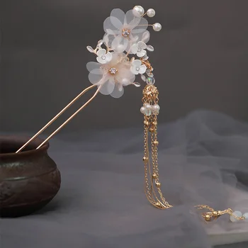 FORSEVEN Retro Tradičné Kvety Crystal Simulované Perly Dlhý Strapec sponky do vlasov Vlasy Stick Klipy Čínskej Nevesty Vlasy Príslušenstvo