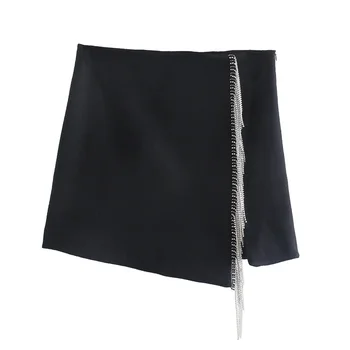 TRAF Ženy 2021 Módy S Umelým Bejewelled Fringe Detail Mini Sukne Vintage Vysoký Pás Bočné Zips Ženské Sukne Streetwe