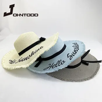 Výšivky prispôsobené textové LOGO výšivky dámy sun hat veľký okraj slamený klobúk vonkajšie pláž hat letná čiapka pláž hat