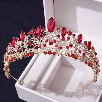 Nádherný barokový Crystal Red Tiaras Princezná Koruny na Ples Diadem Nevesta Headdress Kráľovná Svadobné Svadobné Koruny Vlasy, Šperky
