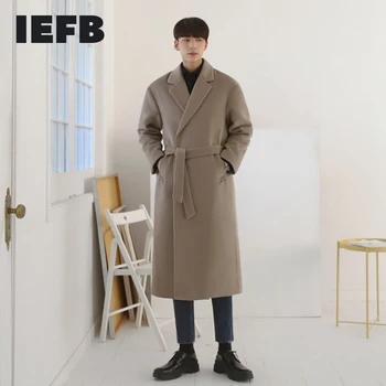 IEFB kórejský módne vlnené kabát mužov je stredne dlhý vlnené moderný kabát pribrala pekný oblečenie s pásom jeseň zima 9Y4534