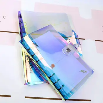 A6 Zips Vrecká PVC Laser Rainbow Transparentným Notebook Denník Kryt Lesk Loose Leaf Poznámka Knihu Plánovač Klip Kancelárske potreby